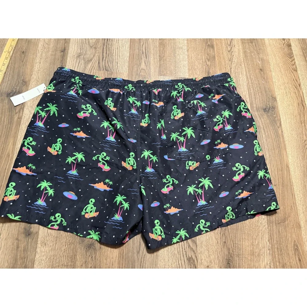 No Boundaries Shorts Men Size XXL Black Swim Trunks Alien UFO Palm Trees